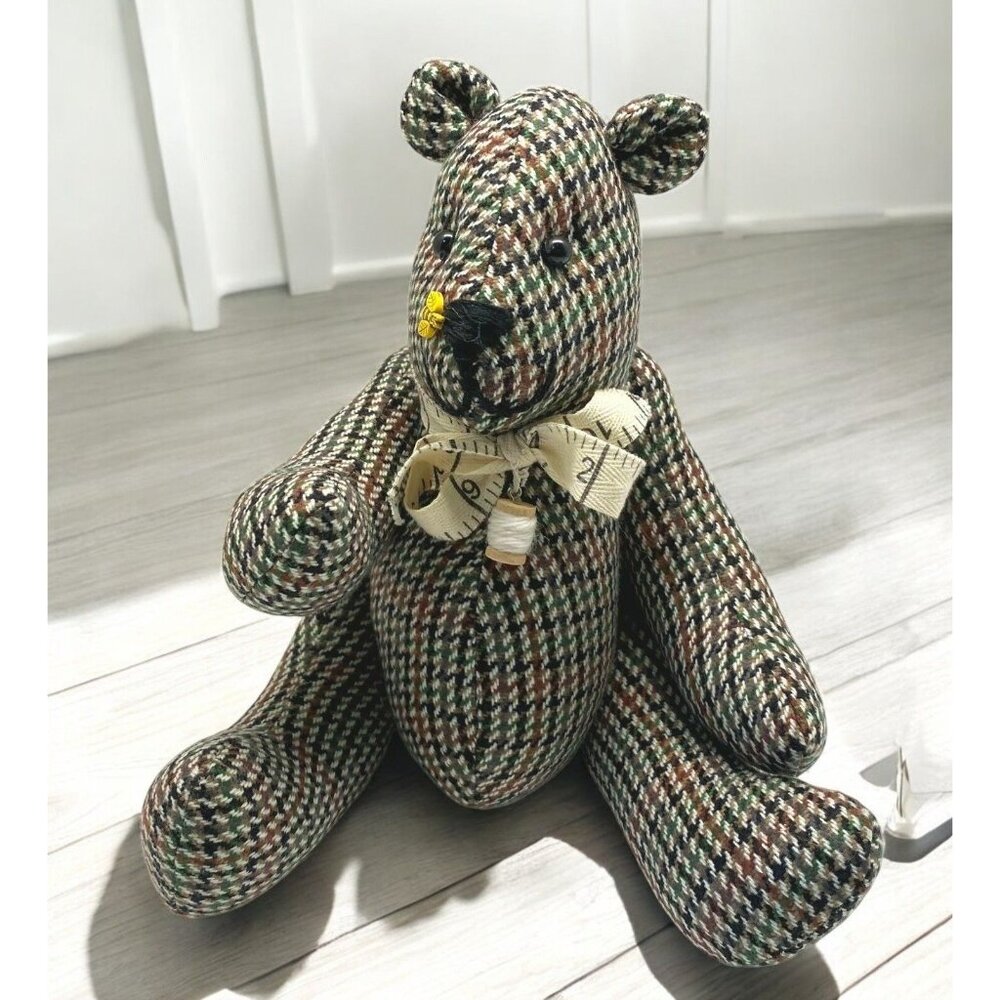 Vintage Houndstooth Sewing Teddy Bear Stuffed Animal with Honey Bee Nose Jointed